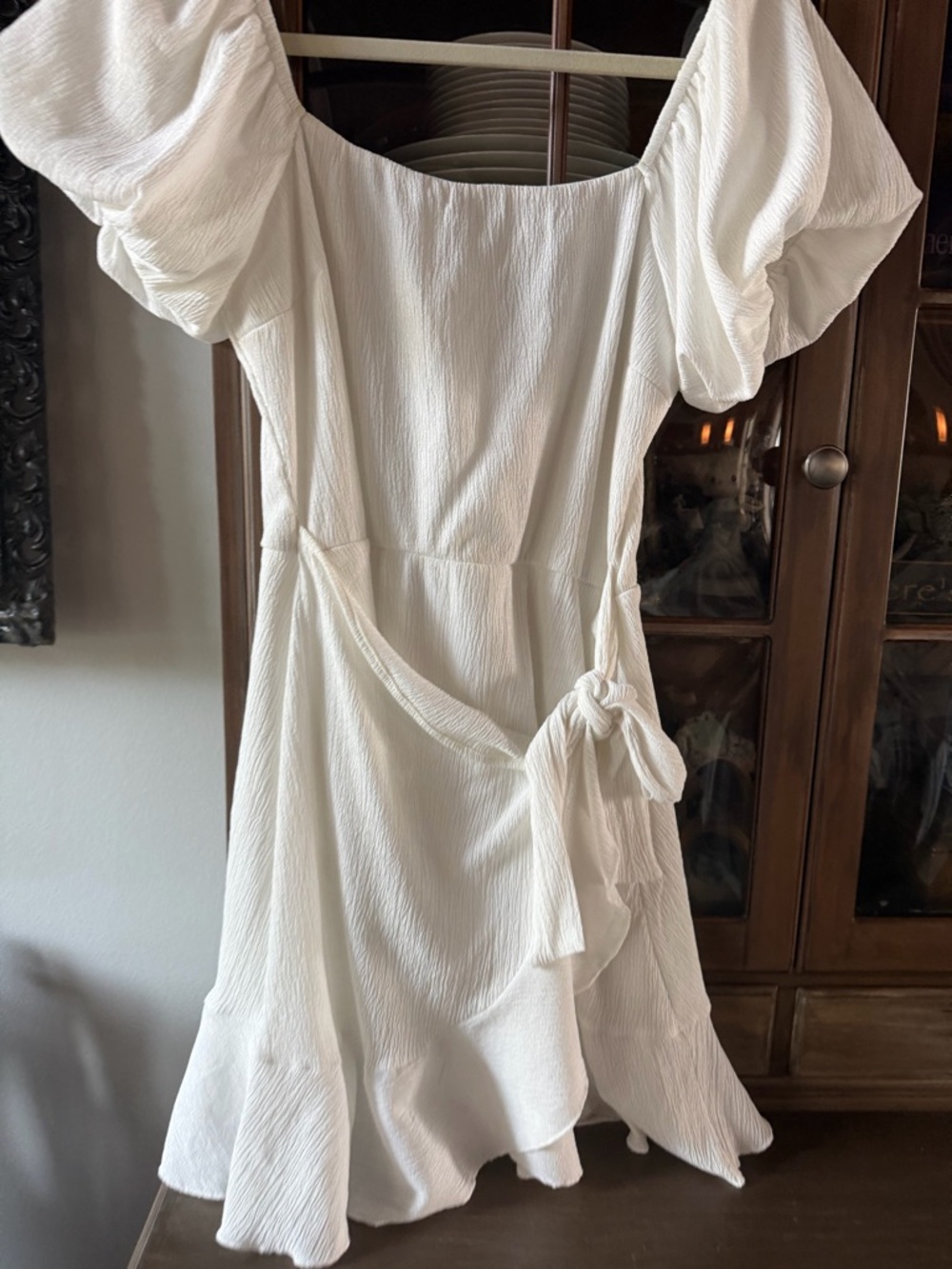 Trixxi White Puff Sleeve Ruffle Wrap-Style Mini Dress - Picture 2 of 6